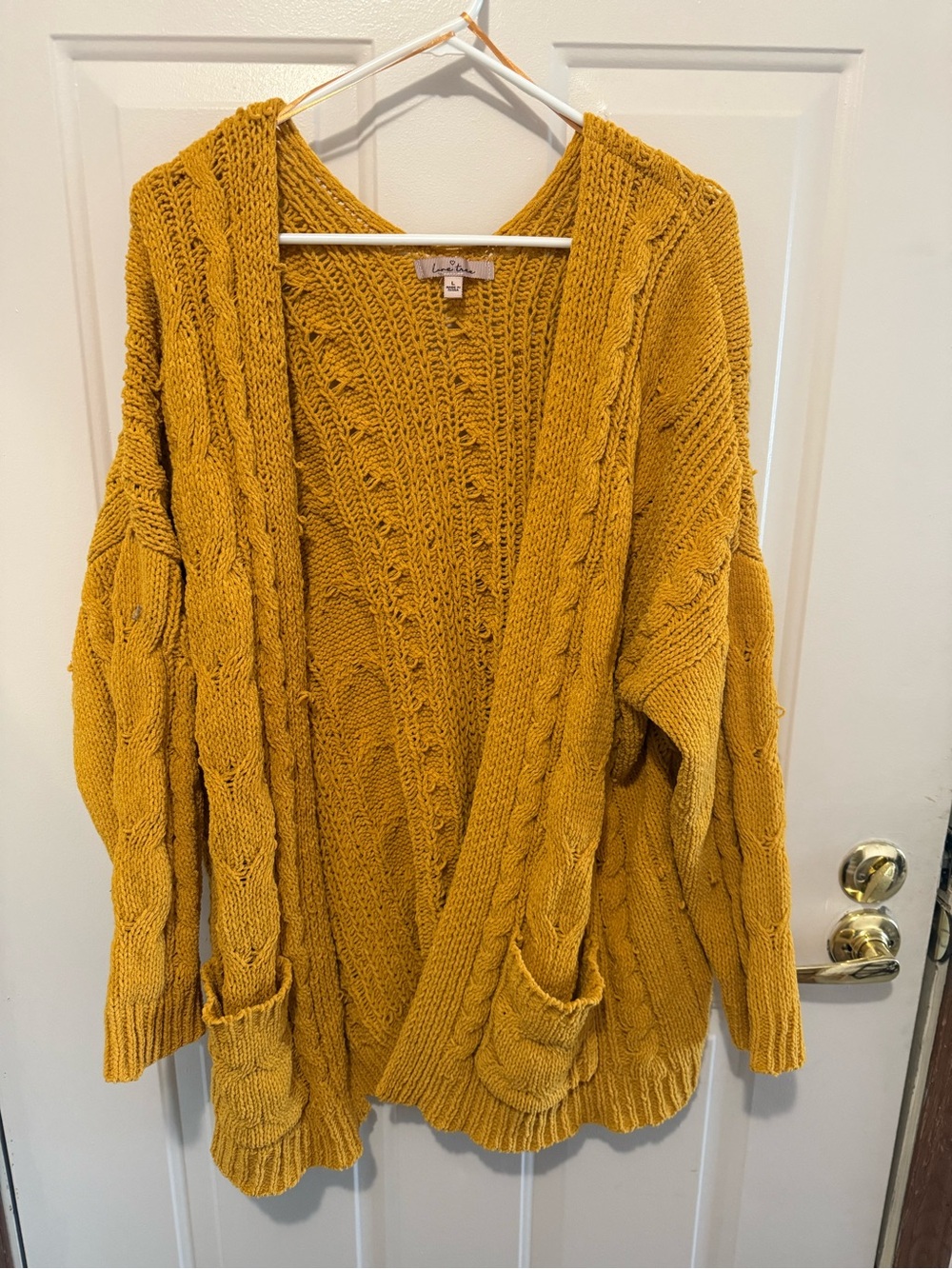 Love Tree Mustard Open-Front Cable Knit Cardigan